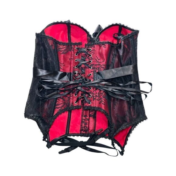 Adore Me Lace Strapless Corset Size 0X Lace Up Red Black Garter Clips Lingerie - Picture 5 of 13